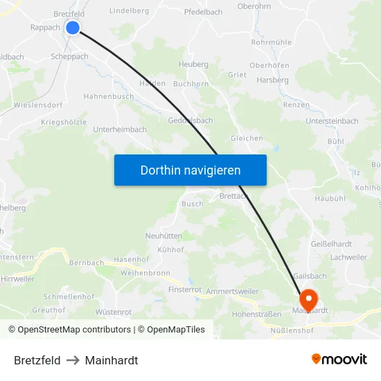 Bretzfeld to Mainhardt map