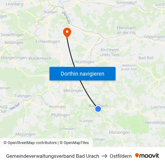 Gemeindeverwaltungsverband Bad Urach to Ostfildern map