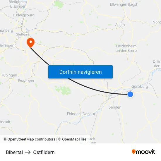 Bibertal to Ostfildern map