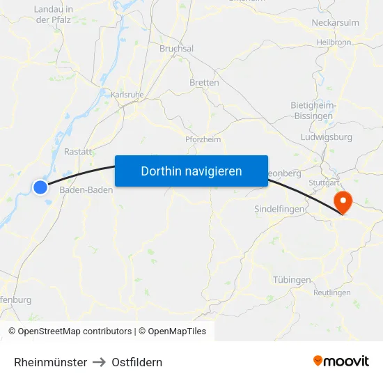 Rheinmünster to Ostfildern map
