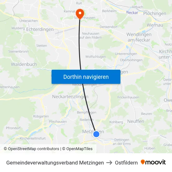 Gemeindeverwaltungsverband Metzingen to Ostfildern map