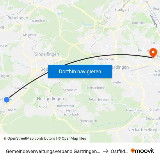 Gemeindeverwaltungsverband Gärtringen/Ehningen to Ostfildern map