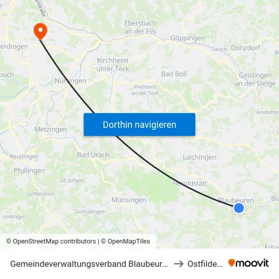 Gemeindeverwaltungsverband Blaubeuren to Ostfildern map