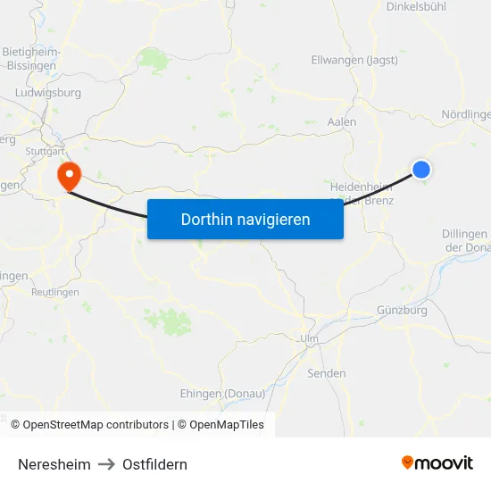 Neresheim to Ostfildern map