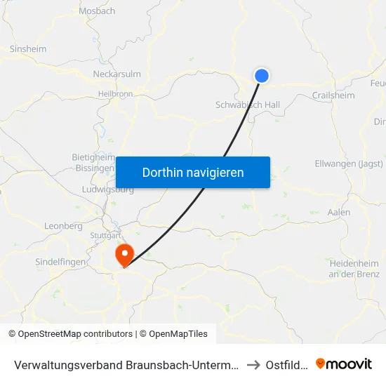 Verwaltungsverband Braunsbach-Untermünkheim to Ostfildern map