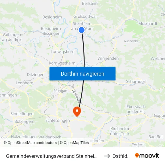Gemeindeverwaltungsverband Steinheim-Murr to Ostfildern map