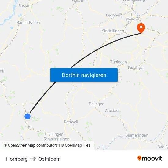 Hornberg to Ostfildern map