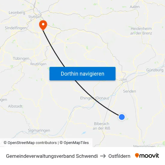 Gemeindeverwaltungsverband Schwendi to Ostfildern map