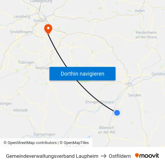 Gemeindeverwaltungsverband Laupheim to Ostfildern map