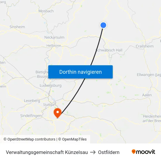 Verwaltungsgemeinschaft Künzelsau to Ostfildern map