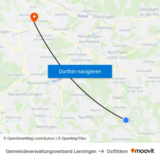 Gemeindeverwaltungsverband Lenningen to Ostfildern map