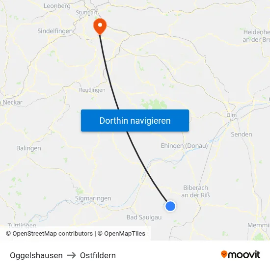 Oggelshausen to Ostfildern map