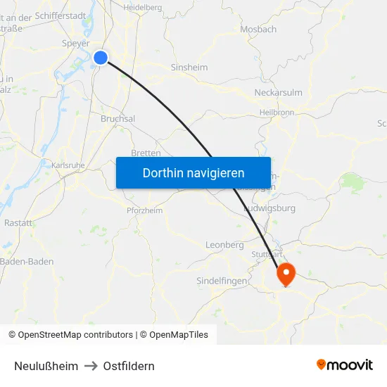 Neulußheim to Ostfildern map