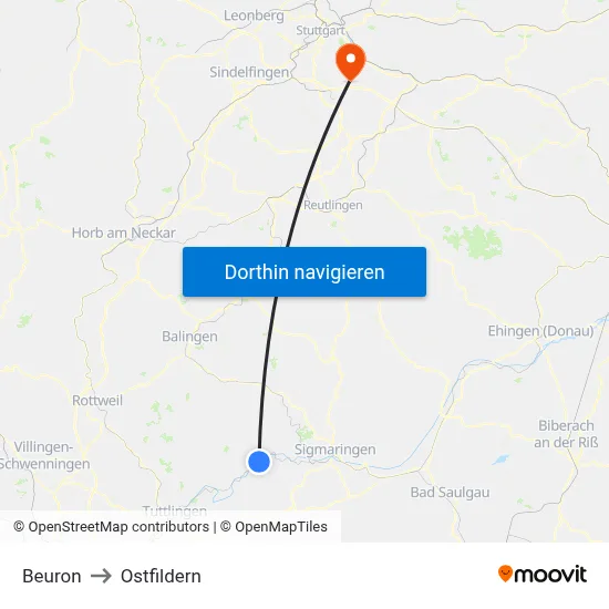 Beuron to Ostfildern map