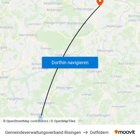 Gemeindeverwaltungsverband Bisingen to Ostfildern map