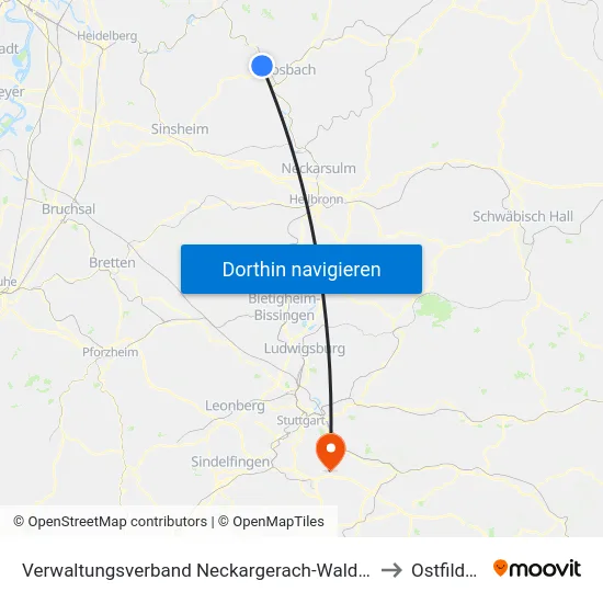 Verwaltungsverband Neckargerach-Waldbrunn to Ostfildern map