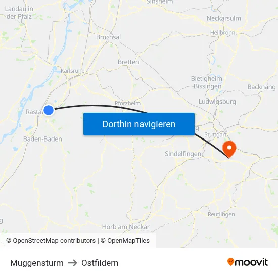 Muggensturm to Ostfildern map