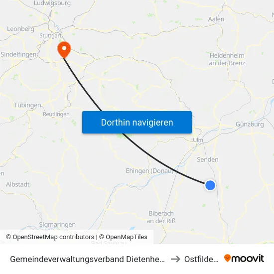 Gemeindeverwaltungsverband Dietenheim to Ostfildern map