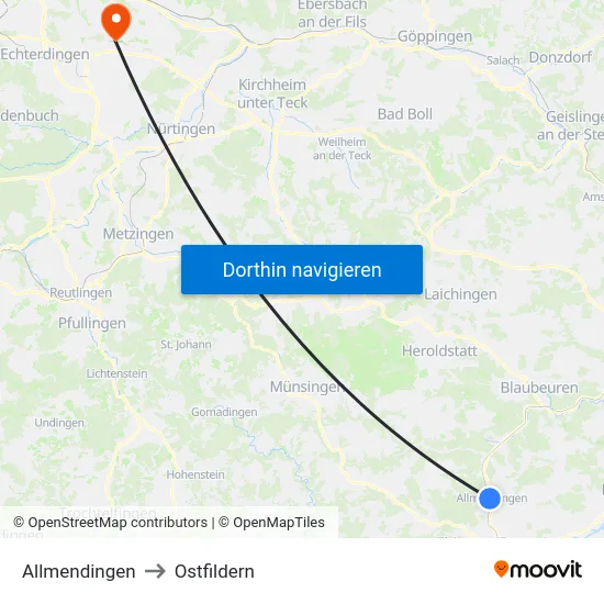 Allmendingen to Ostfildern map