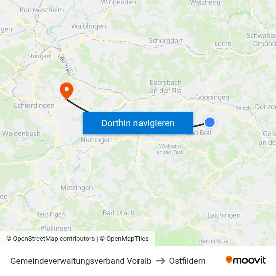 Gemeindeverwaltungsverband Voralb to Ostfildern map