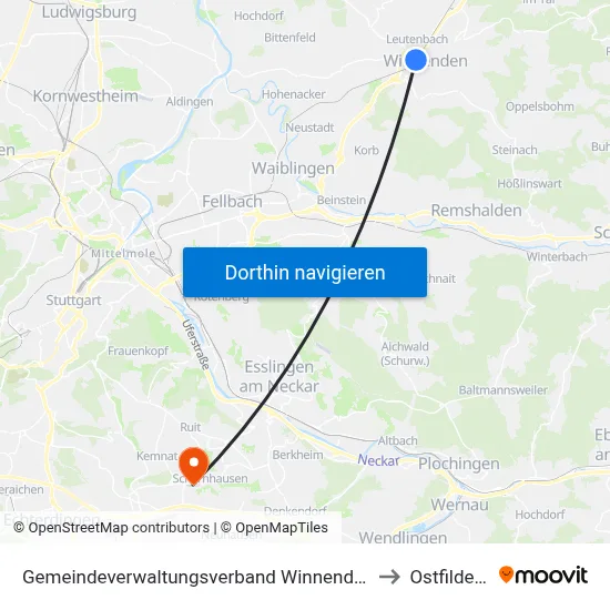 Gemeindeverwaltungsverband Winnenden to Ostfildern map