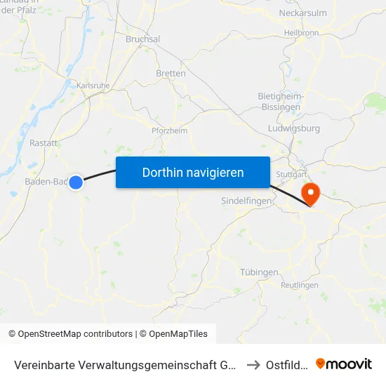 Vereinbarte Verwaltungsgemeinschaft Gernsbach to Ostfildern map