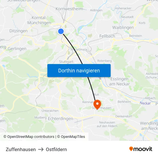 Zuffenhausen to Ostfildern map