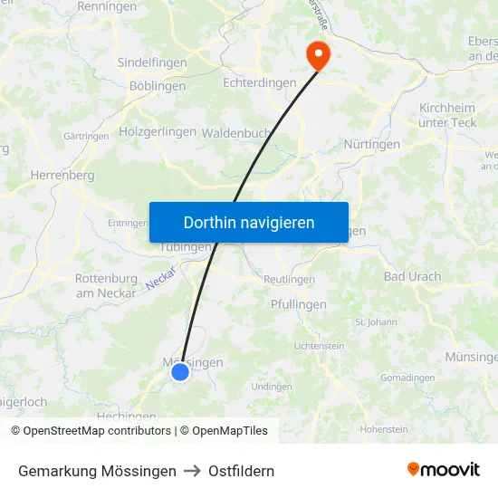 Gemarkung Mössingen to Ostfildern map