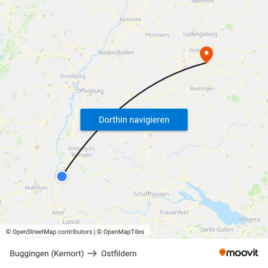 Buggingen (Kernort) to Ostfildern map