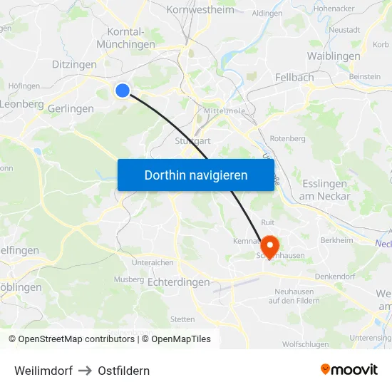Weilimdorf to Ostfildern map