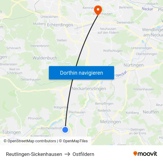 Reutlingen-Sickenhausen to Ostfildern map