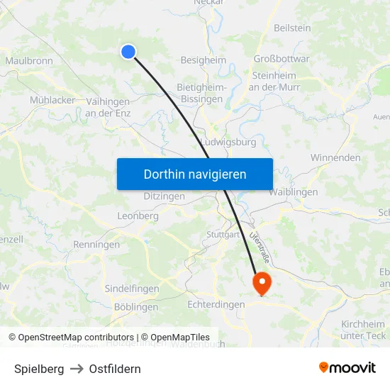 Spielberg to Ostfildern map