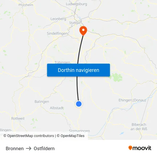 Bronnen to Ostfildern map