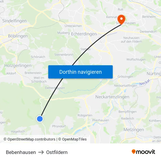 Bebenhausen to Ostfildern map
