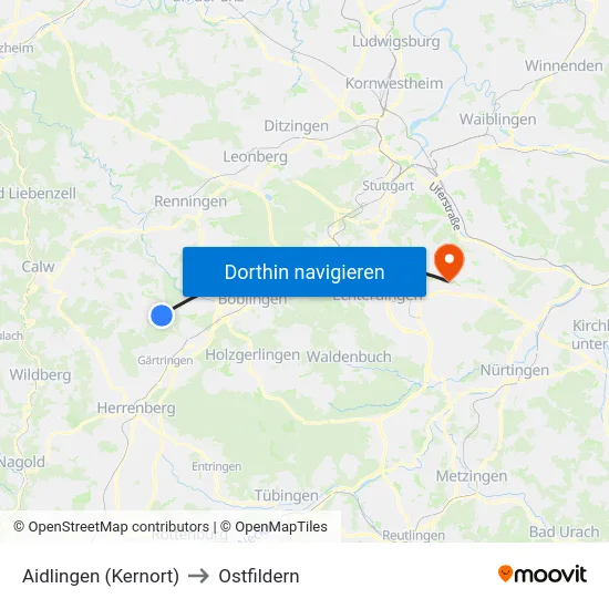 Aidlingen (Kernort) to Ostfildern map