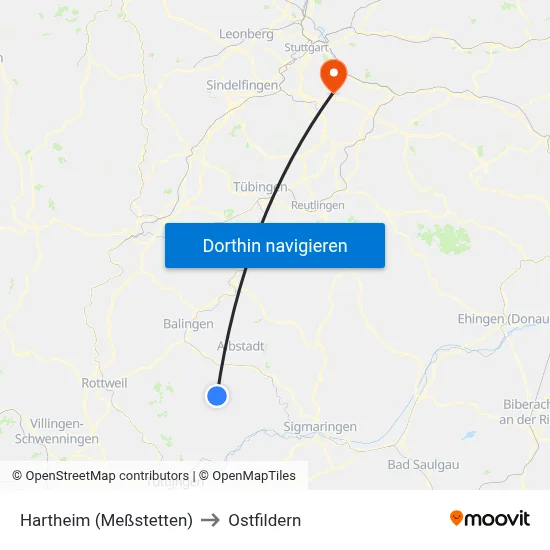 Hartheim (Meßstetten) to Ostfildern map