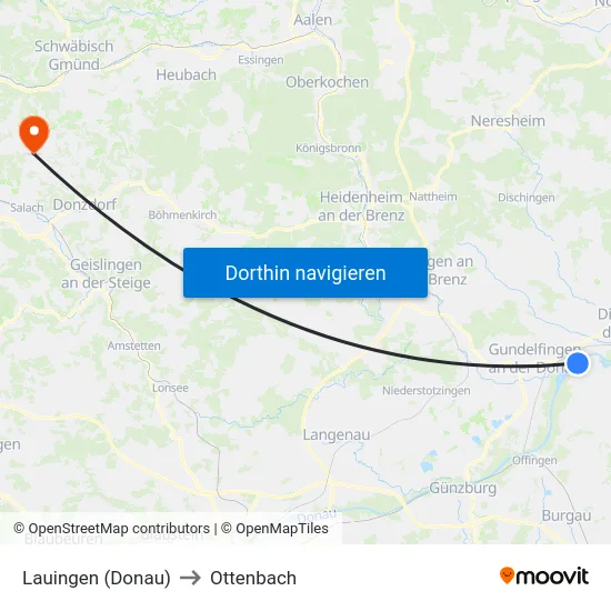 Lauingen (Donau) to Ottenbach map