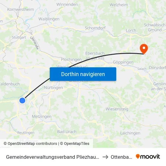 Gemeindeverwaltungsverband Pliezhausen to Ottenbach map