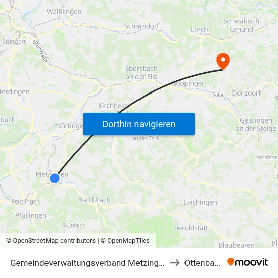 Gemeindeverwaltungsverband Metzingen to Ottenbach map