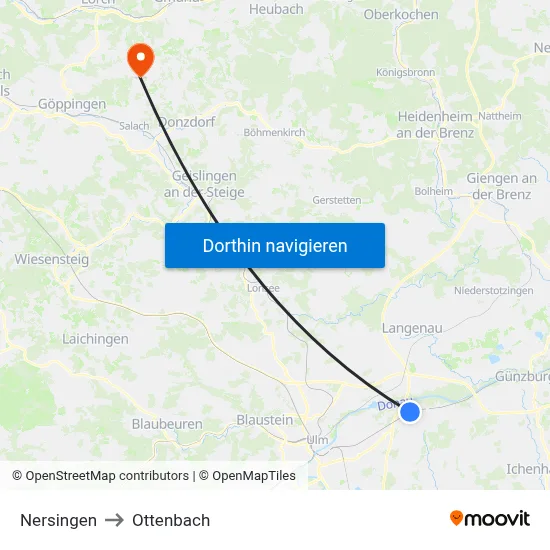 Nersingen to Ottenbach map