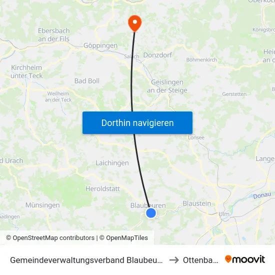 Gemeindeverwaltungsverband Blaubeuren to Ottenbach map