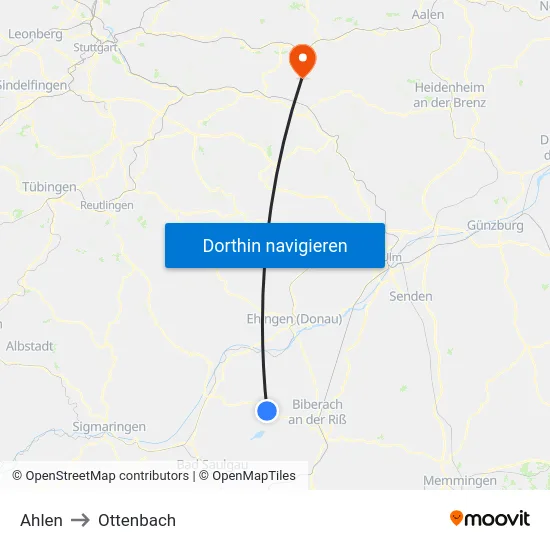 Ahlen to Ottenbach map
