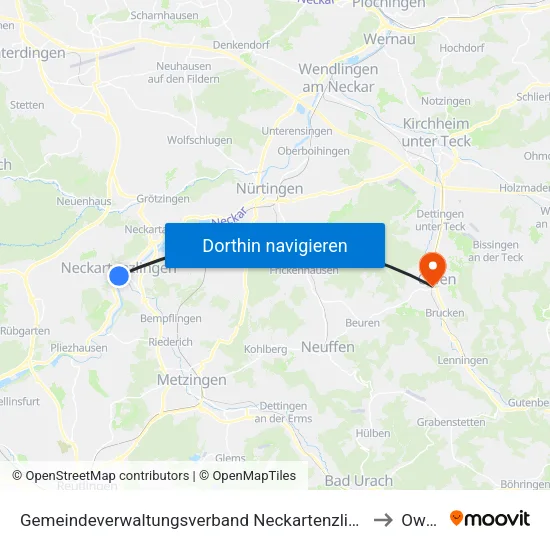 Gemeindeverwaltungsverband Neckartenzlingen to Owen map