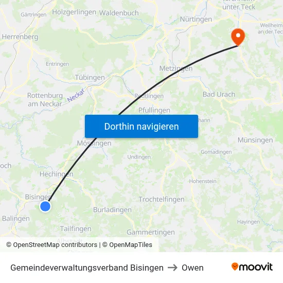 Gemeindeverwaltungsverband Bisingen to Owen map