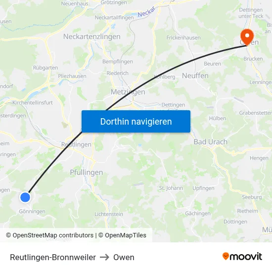 Reutlingen-Bronnweiler to Owen map