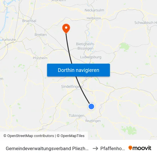 Gemeindeverwaltungsverband Pliezhausen to Pfaffenhofen map