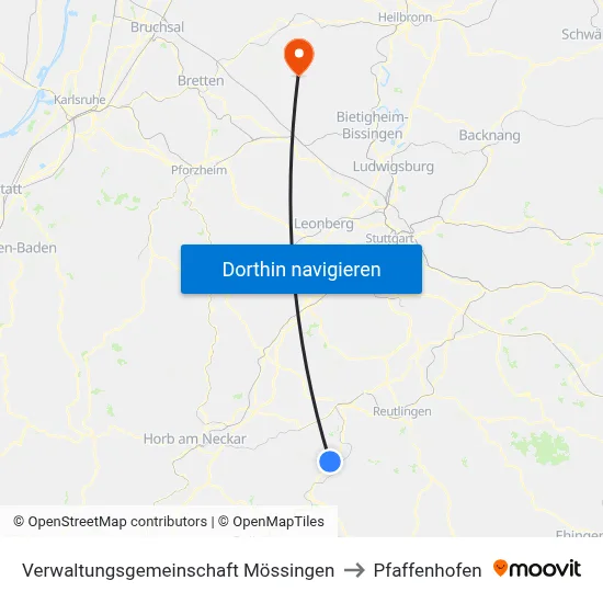 Verwaltungsgemeinschaft Mössingen to Pfaffenhofen map