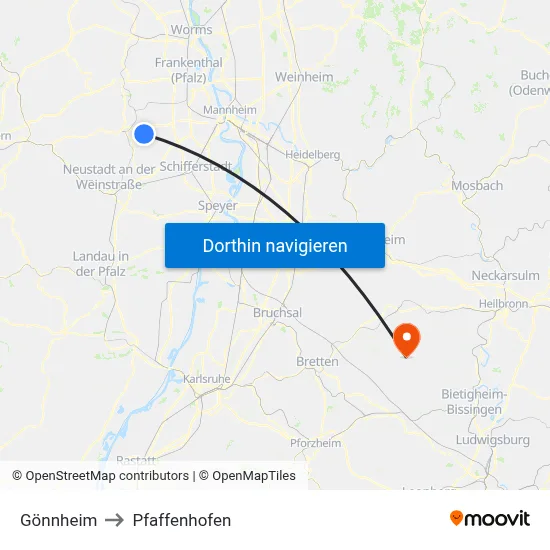 Gönnheim to Pfaffenhofen map