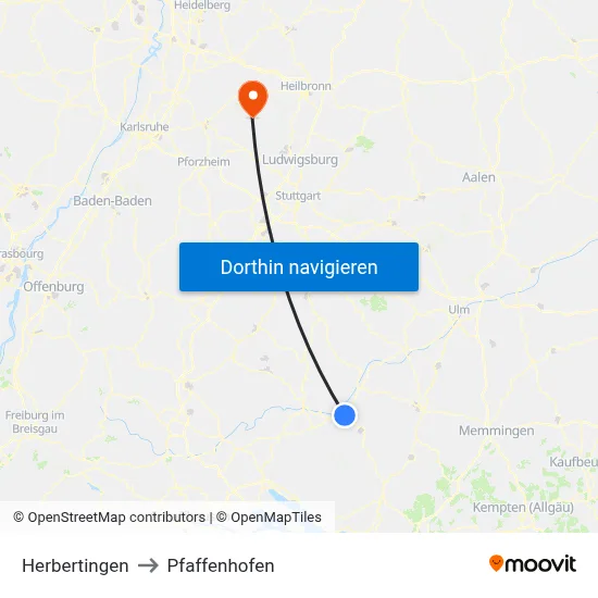 Herbertingen to Pfaffenhofen map