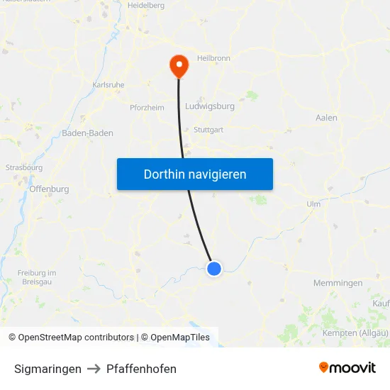 Sigmaringen to Pfaffenhofen map